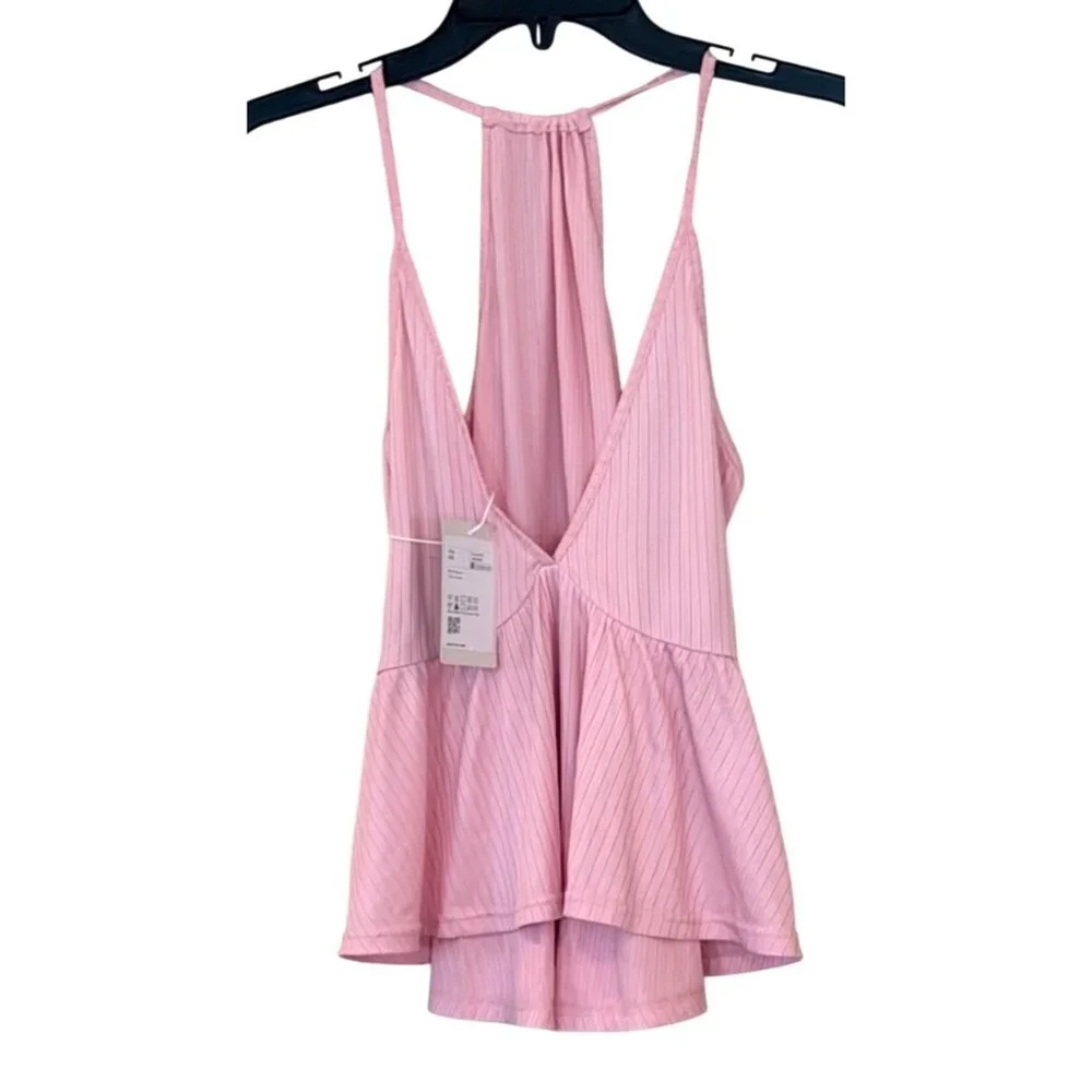 Halara Pink V Neck Ribbed Ruffle Peplum Top Girly Size XS NWT